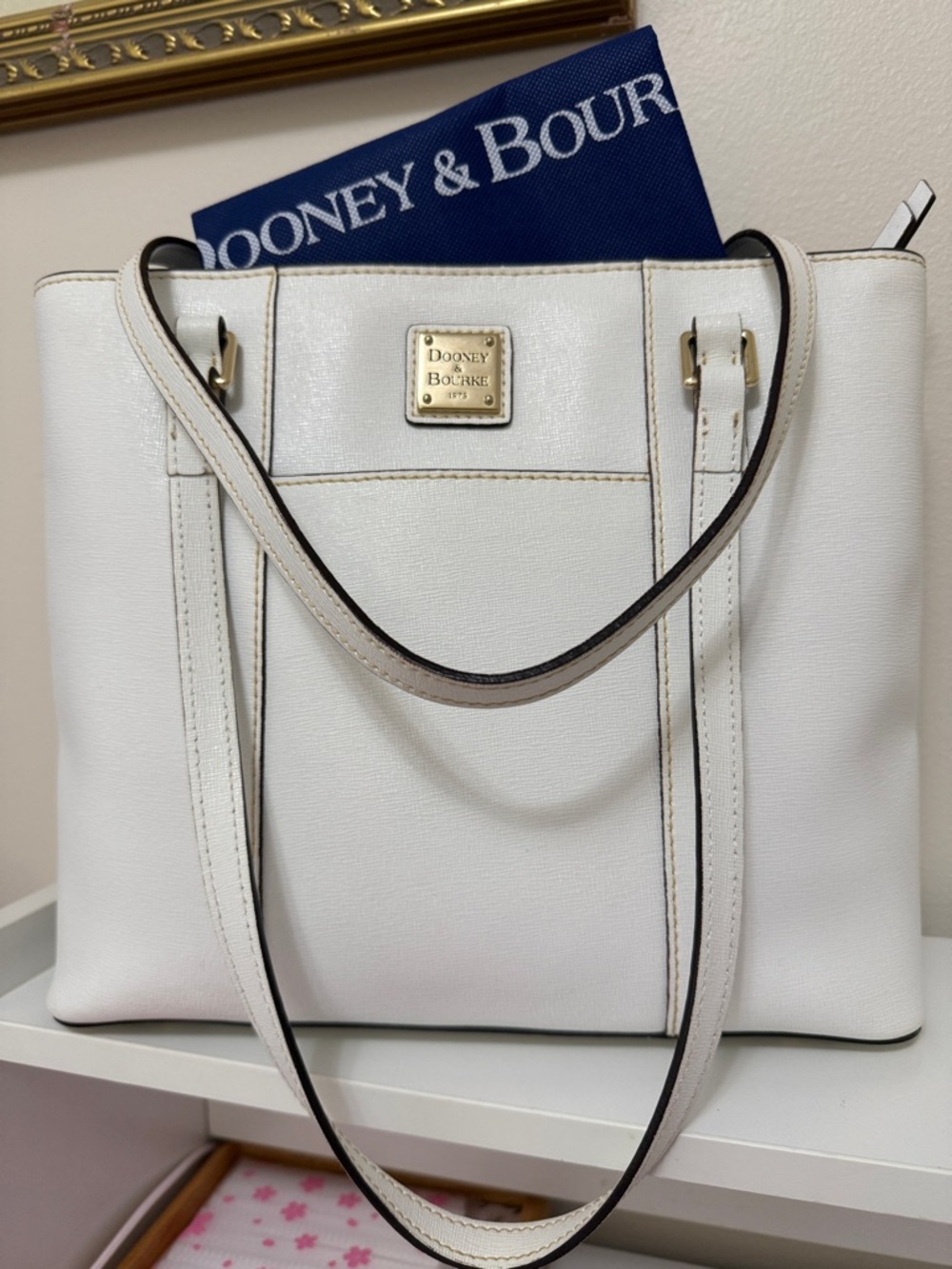 Dooney & Bourke White Leather Tote with Gold Plaque